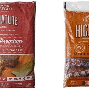 Traeger Grills PEL331 Signature Blend - Pellets de madera dura 100 % natural, para parrilla, ahumar, hornear, asar, estofar y barbacoa (bolsa de 20 libras) y pellets de parrilla de madera dura 100 % natural PEL319 de nogal
